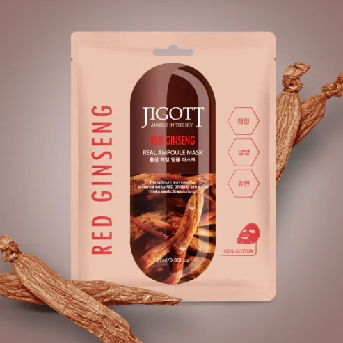 Lakštinė Veido Kaukė su raudonuoju ženšenio ekstraktu Jigott Red Ginseng Real Ampoule Mask, 27 ml
